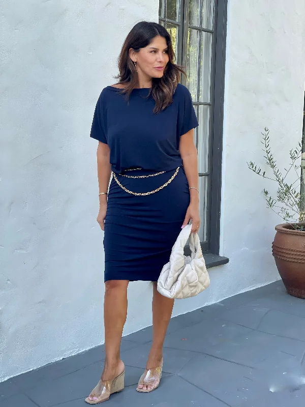 Navy OTS Shirred Stretch Dress