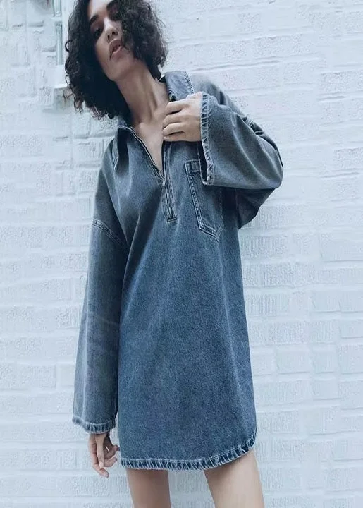 New Loose Fit Turn Down Collar Flare Sleeve Oversized Denim Dress CODE: KAR3255