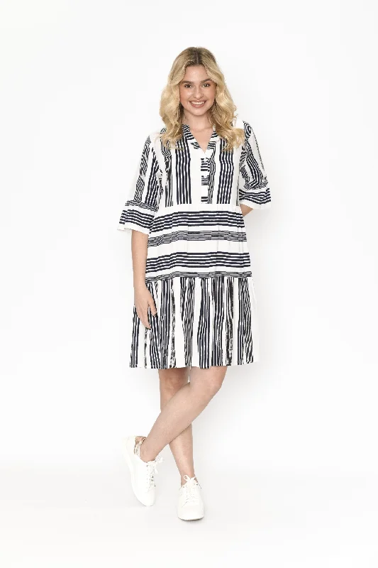 One Summer Maya V Neck Layer Dress Navy Stripe 8