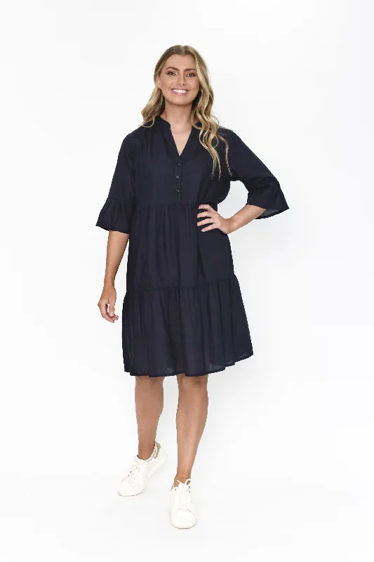 One Summer Tiered V Neck Dress Navy 8