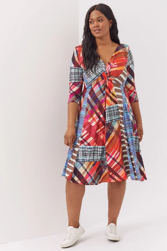 Claudia Patchwork Print Peach Touch Jersey Knot Front Dress