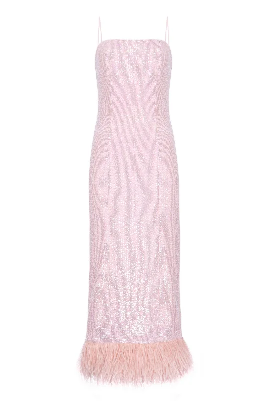 PINK SEQUINED DRESS WITH FEATHER