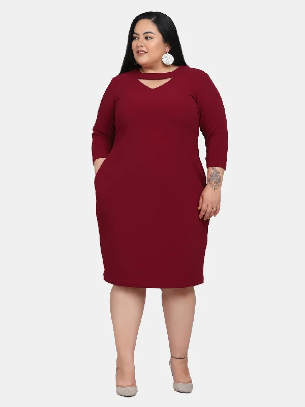 Maroon V-Neck Knit Stretch Dress