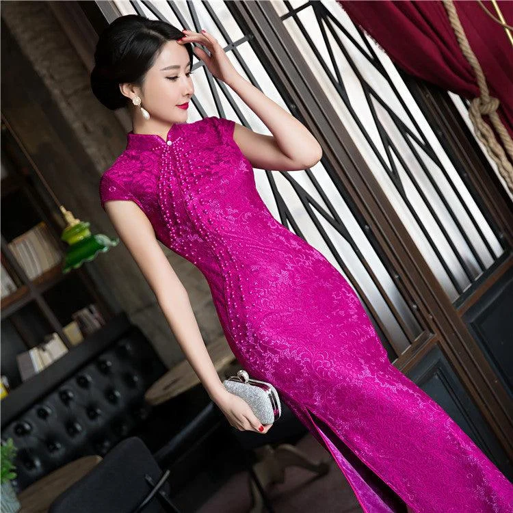 Purple Cheongsam Chinese Female Lace Qipao Dress