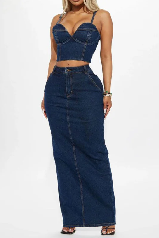 Solid Color Denim Spaghetti Strap Hot Back Slit Dress Suit