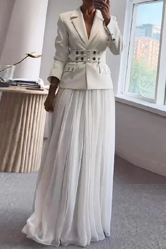 Solid Color Notched Lapel Stylish Snaps Design Belted Dress Suit