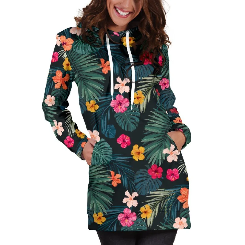 Tropical Flowers Hawaii Pattern Print Pullover Hoodie Dress