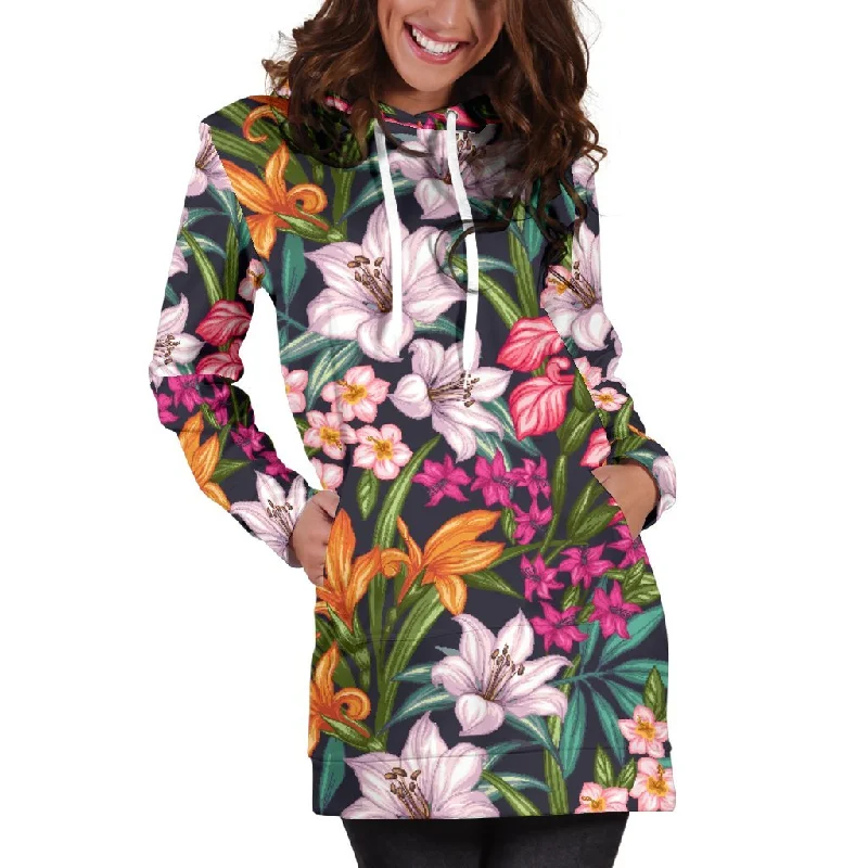 Tropical Flowers Pattern Print Pullover Hoodie Dress