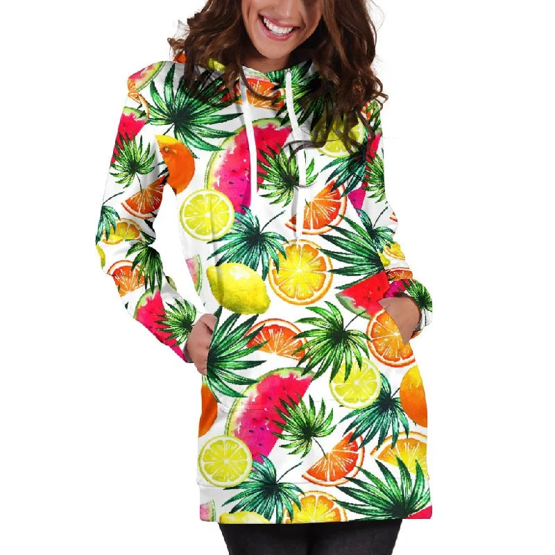 Tropical Fruit Leaf Pattern Print Pullover Hoodie Dress
