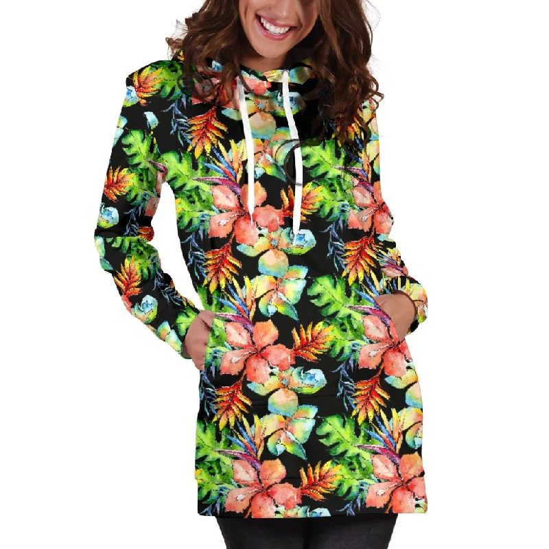 Tropical Hawaii Flowers Pattern Print Pullover Hoodie Dress
