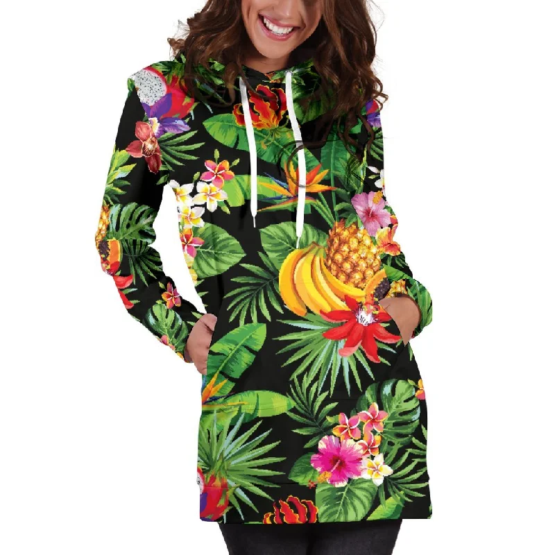 Tropical Hawaiian Fruits Pattern Print Pullover Hoodie Dress