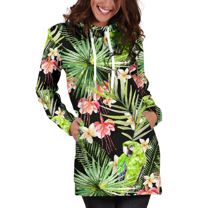 Tropical Hawaiian Parrot Pattern Print Pullover Hoodie Dress