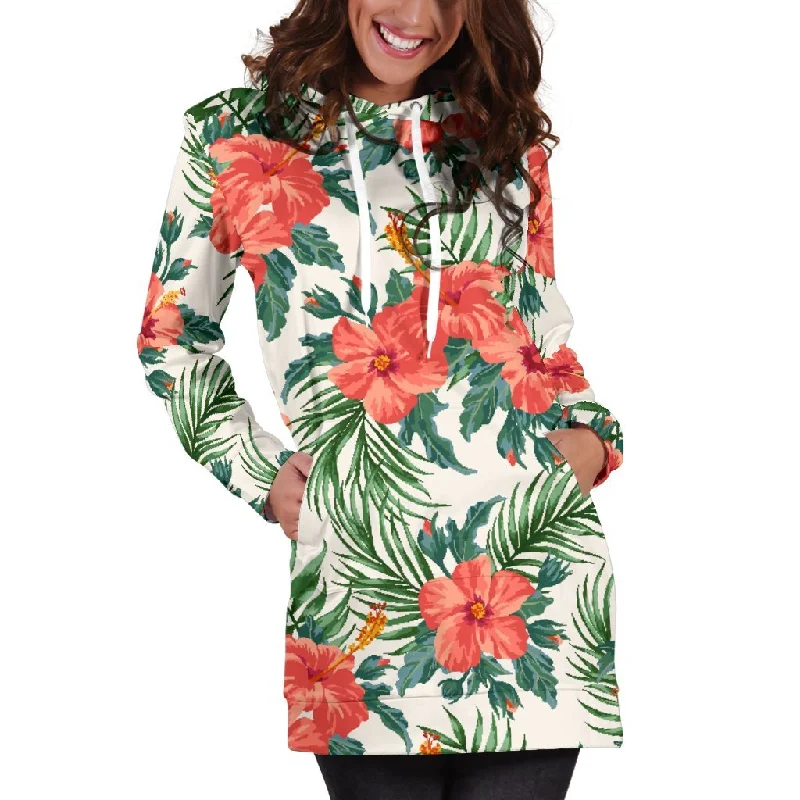 Tropical Hibiscus Blossom Pattern Print Pullover Hoodie Dress
