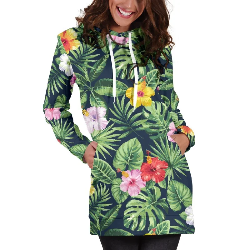 Tropical Hibiscus Flowers Pattern Print Pullover Hoodie Dress
