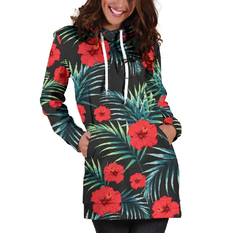 Tropical Hibiscus Leaves Pattern Print Pullover Hoodie Dress