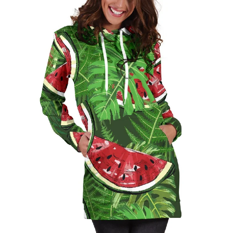 Tropical Leaf Watermelon Pattern Print Pullover Hoodie Dress