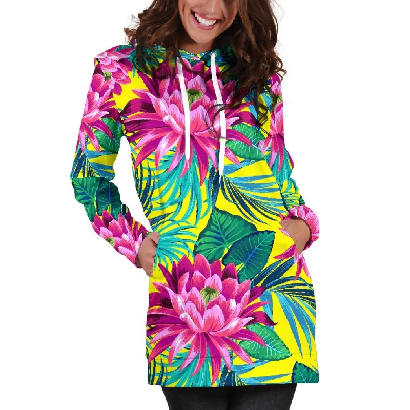 Tropical Lotus Pattern Print Pullover Hoodie Dress