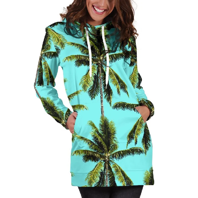 Tropical Palm Tree Pattern Print Pullover Hoodie Dress