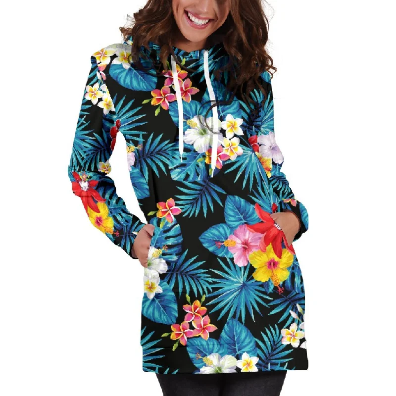 Turquoise Tropical Hawaii Pattern Print Pullover Hoodie Dress