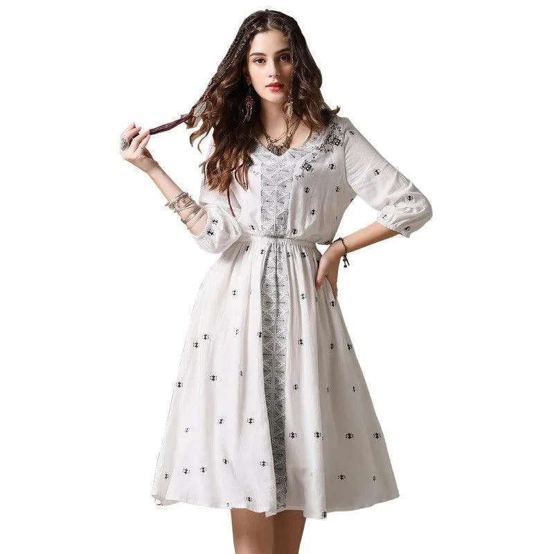 Ranch Style V-Neck A-line Three Quarter Lantern Sleeve Vintage Dress