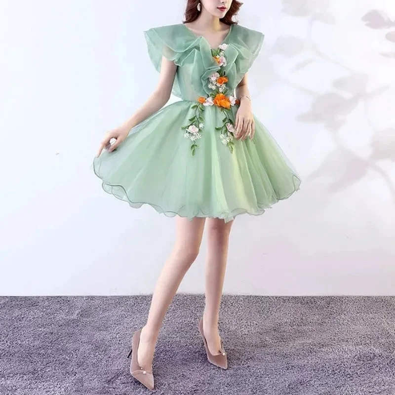 V-neck Simple Ruffles Design Short Evening Dress CODE: KAR3093