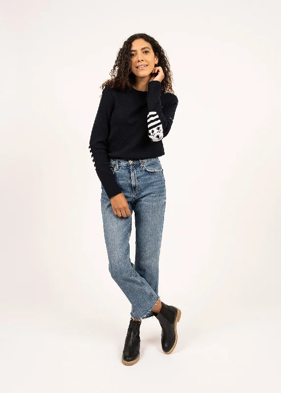 Brégançon Bretagne jumper - in wool, with contrasting elbow patches (NAVY/MULTICO) Knit Fabric Woven Fabric Fleece Fabric Brégançon Bretagne jumper - in wool, with contrasting elbow patches (NAVY/MULTICO) Knit Fabric Woven Fabric Fleece Fabric