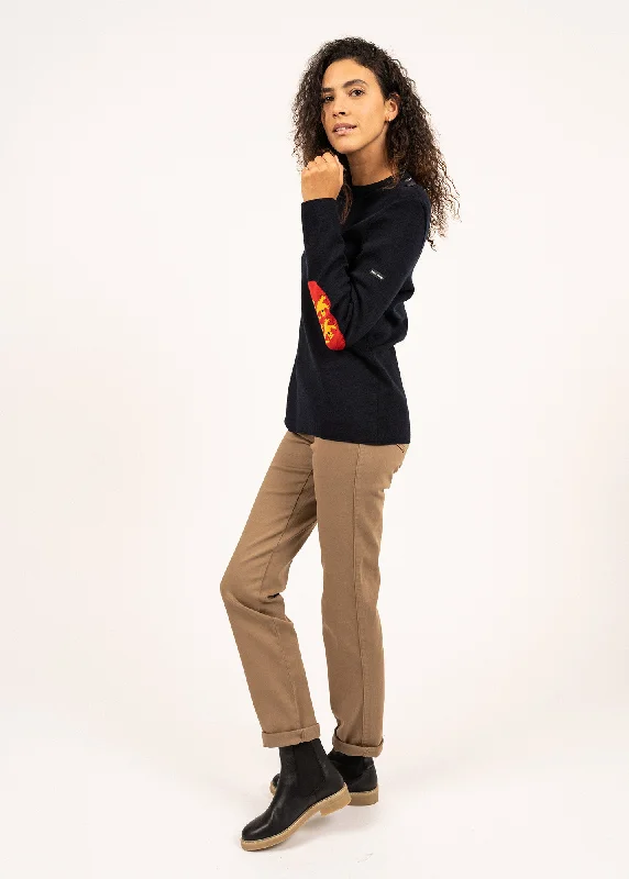 Brégançon Normandy jumper - in wool, with contrasting elbow patches (NAVY/MULTICO) Turtle Neck Boat Neck Asymmetrical Neck Brégançon Normandy jumper - in wool, with contrasting elbow patches (NAVY/MULTICO) Turtle Neck Boat Neck Asymmetrical Neck
