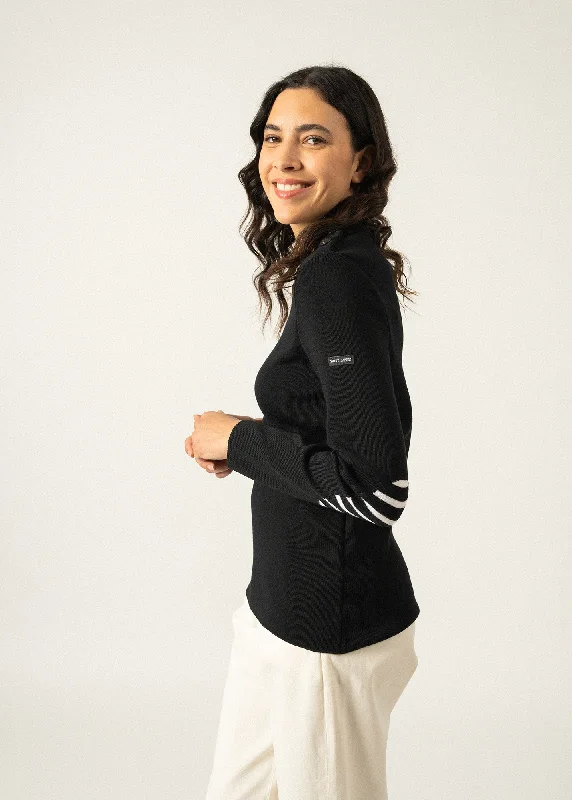 Bregançon plain sailor jumper - striped elbow patches, in wool (NOIR) Fitted Slim Tailored Bregançon plain sailor jumper - striped elbow patches, in wool (NOIR) Fitted Slim Tailored