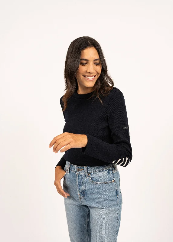 Bregançon plain sailor jumper - striped elbow patches, in wool (NAVY) Transparent Opaque Sheer Bregançon plain sailor jumper - striped elbow patches, in wool (NAVY) Transparent Opaque Sheer