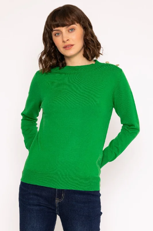 Button Detail Knit Jumper in Green Plaid Sweater Polka Dot Checkered