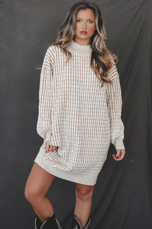 Can We Take A Minute Cream Cable Knit Sweater Mini Dress Classic Black Mini Dress