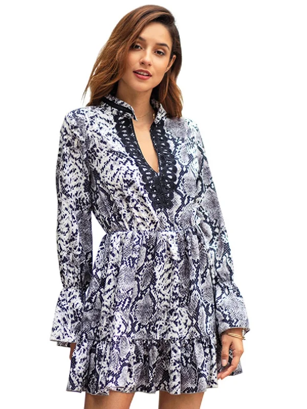 Deep V-neck Leopard Printed Long Sleeves Mini Dress Comfortable Smocked Mini Dress