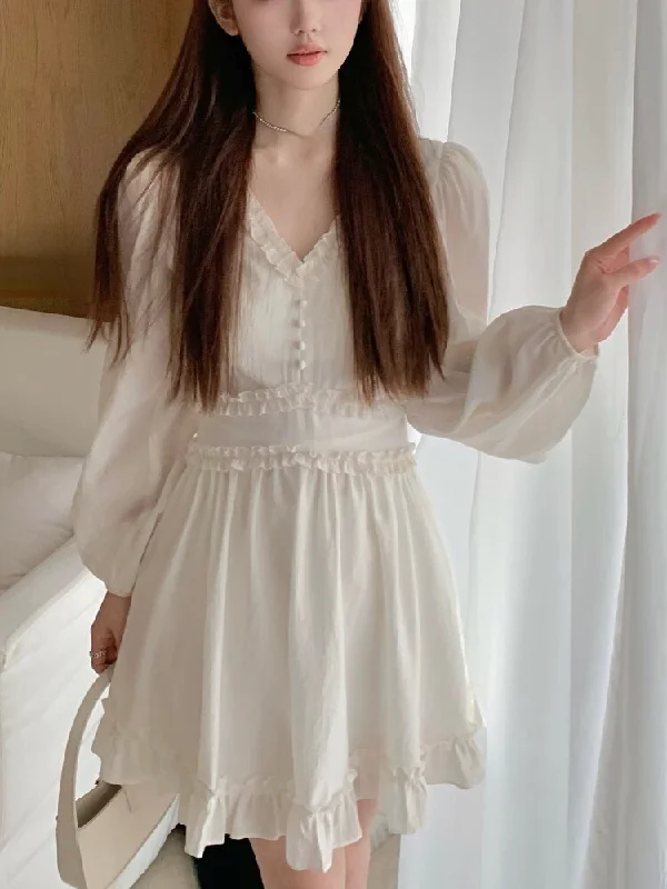 Zjkrl - French Elegant Mini Dress Women Solid Basic Sweet Vintage Chiffon Dress Office Lady One Piece Dress Korean Solid 2023 Spring Chic Bohemian Mini Dress