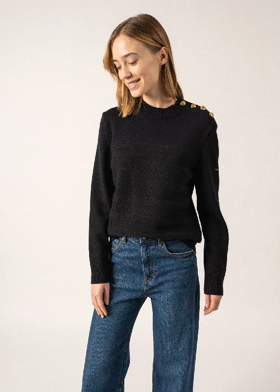 Gala Striped Sailor-inspired Jumper - with golden buttons (NAVY/NAVY) Notch Collar Peter Pan Collar Cowl Neck
