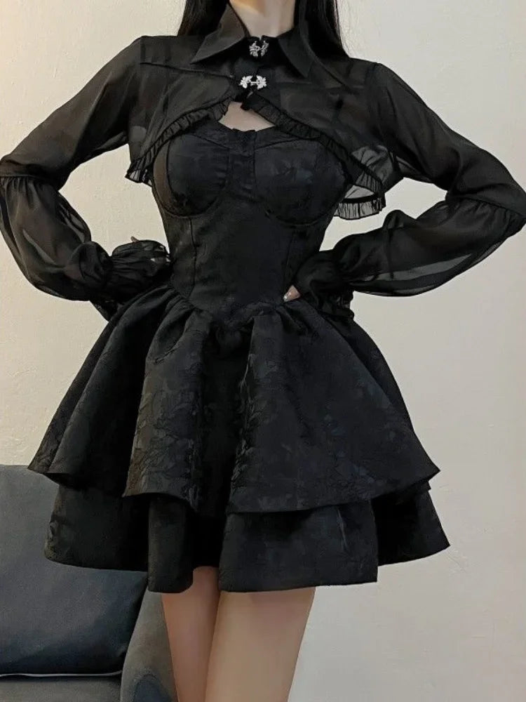 Girlary Black Sexy Lolita Dress Women Gothic Vintage Mini Dresses Harajuku Halloween Cosplay Costumes Long Sleeve Fairy Dress Trendy A-Line Mini Dress