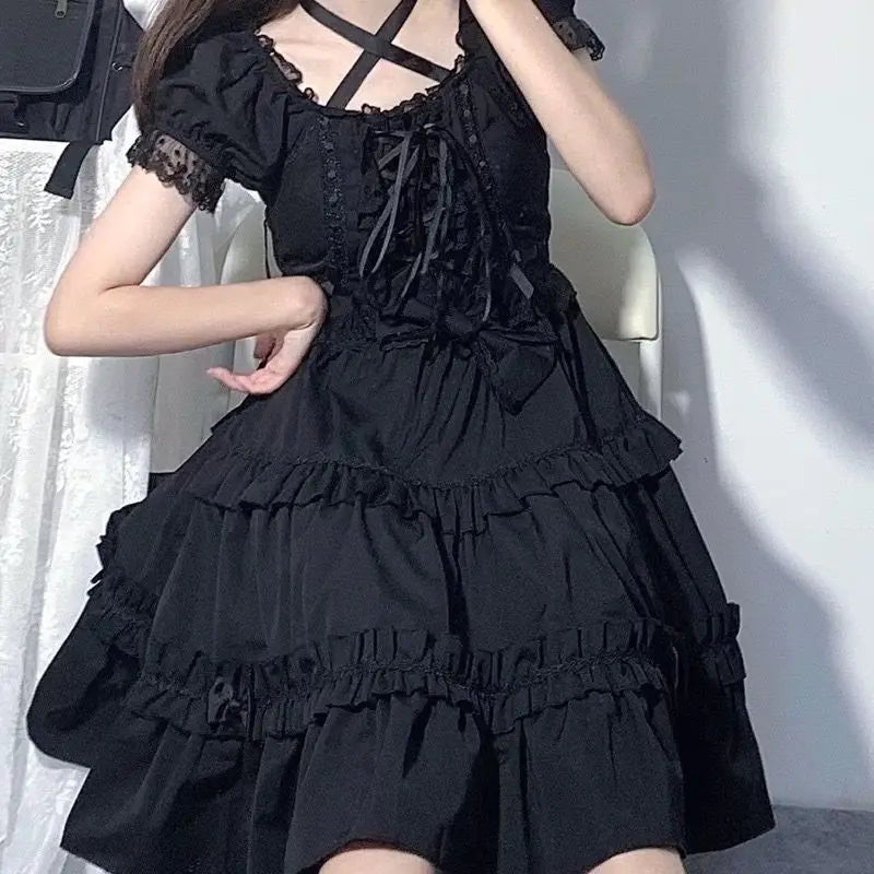 Girlary Kawaii Puff Short Sleeve Lolita Style Dress Women Sweet Bow Lace Ruffle Bandage Mini Dresses Girl Gothic Princess Party Vestidos Fashionable Pleated Mini Dress