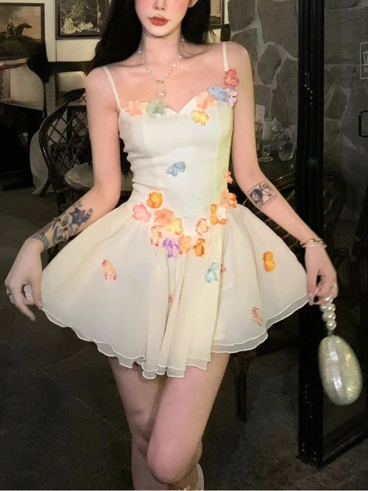 Girlary Summer Sexy Lolita Sweet Flower Dress Women Chic Kawaii Y2k Strap Mini Dresses Female Fashion Sleeveless Streetwear Clothes 2024 Comfortable Casual Mini Dress