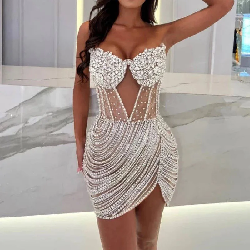 Molly Beaded Sweetheart Neckline Bandeau Mini Dress – Glamour and Elegance Trendy Camisole Mini Dress