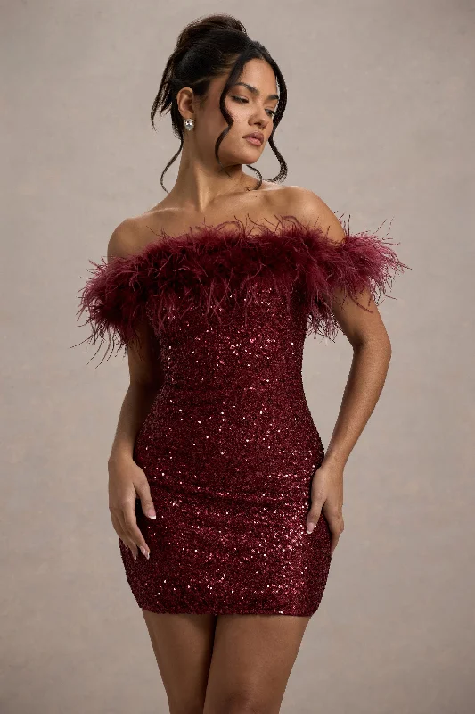 New Money | Burgundy Bodycon Sequin Mini Dress With Feather Trim Trendy A-Line Mini Dress