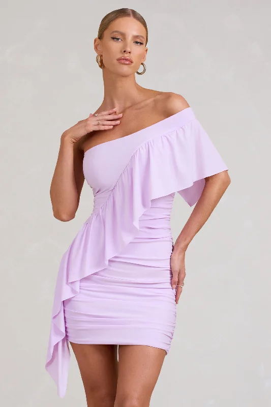 Parfait | Lilac Asymmetric Ruched Mini Dress With Statement Ruffles Stylish Sweetheart Mini Dress