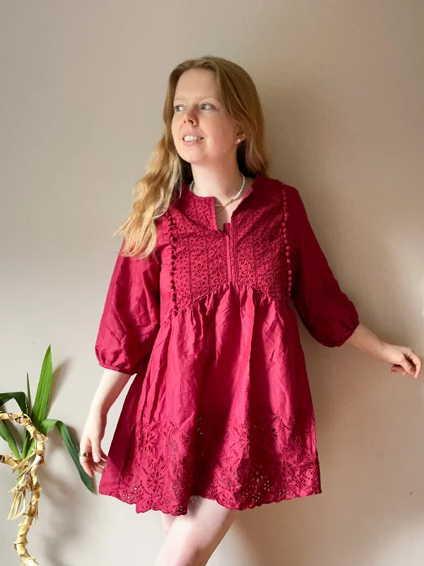 Red Boho Eyelet Cotton Puff Sleeve Mini Dress - Small Comfortable Shift Mini Dress