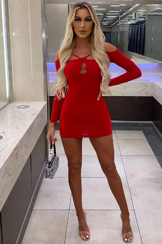 Red Cut Out Shoulders Slinky Mini Dress - Selena Fashionable Mini Dress with Pockets