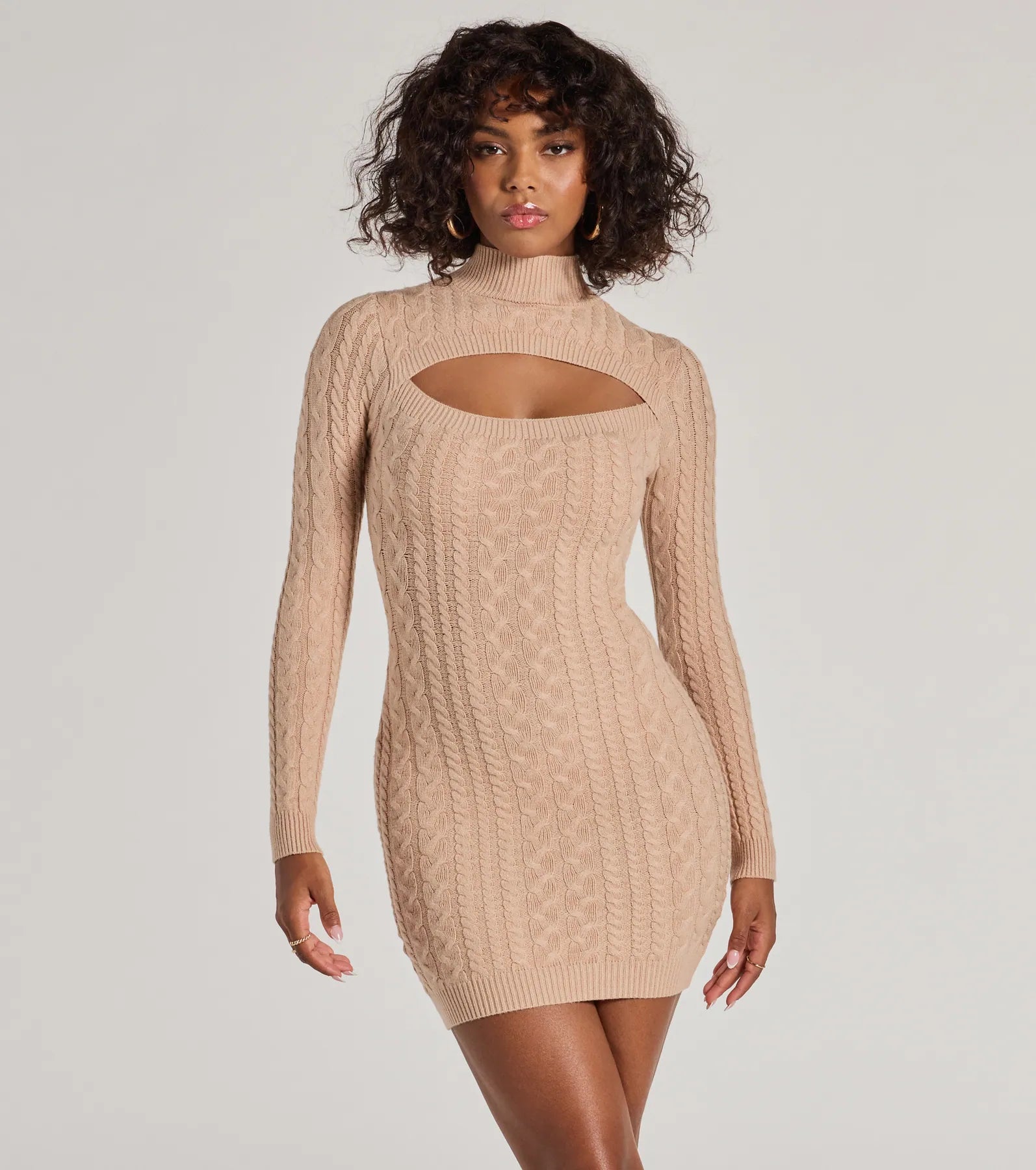 Textured Glam Cable Knit Cutout Mini Dress Casual Button-Up Mini Dress