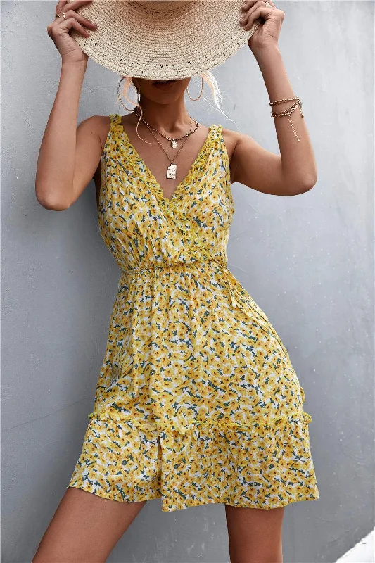 Women Summer  Sundress Floral Print Short Mini Dress Sleeveless Fashionable Polka Dot Mini Dress