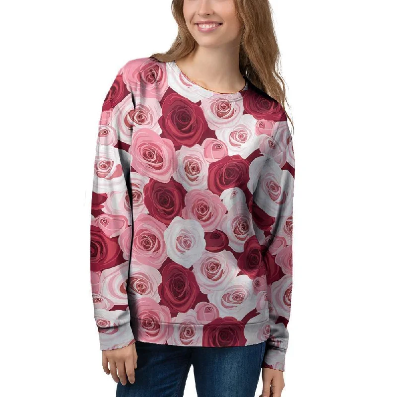 Red And Pink Rose Floral Women's Sweatshirt Hoodie with Hem Embroidery Detailed Premium Red And Pink Rose Floral Women's Sweatshirt Hoodie with Hem Embroidery Detailed Premium