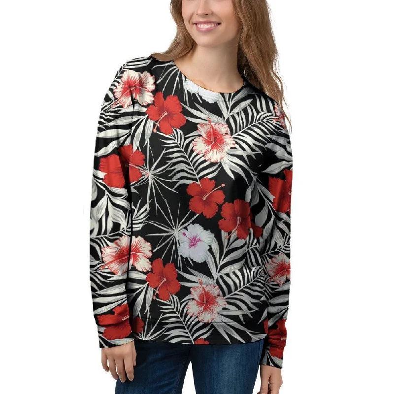 Red And White Hibiscus Flowers Hawaiian Print Women's Sweatshirt Hoodie with Hem Drawcord Adjustable Customizable Red And White Hibiscus Flowers Hawaiian Print Women's Sweatshirt Hoodie with Hem Drawcord Adjustable Customizable