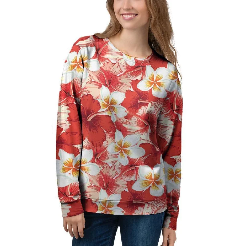 Red And White Hibiscus Hawaiian Print Women's Sweatshirt Hoodie with Hem Detail Decorative Unique Red And White Hibiscus Hawaiian Print Women's Sweatshirt Hoodie with Hem Detail Decorative Unique