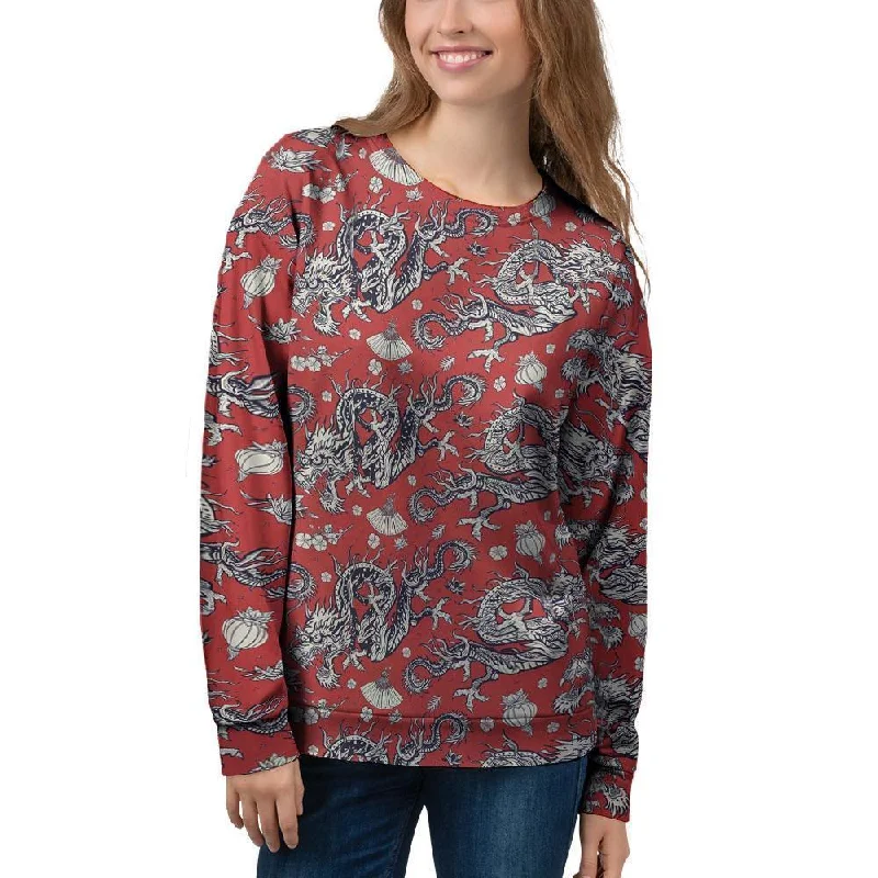 Red Chinese Dragon Floral Print Women's Sweatshirt Hoodie with Half-Zip Sporty Casual Red Chinese Dragon Floral Print Women's Sweatshirt Hoodie with Half-Zip Sporty Casual