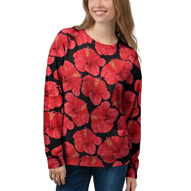 Red Hibiscus Flower Hawaiian Print Women's Sweatshirt Hoodie with Bell Sleeves Flared Feminine Red Hibiscus Flower Hawaiian Print Women's Sweatshirt Hoodie with Bell Sleeves Flared Feminine