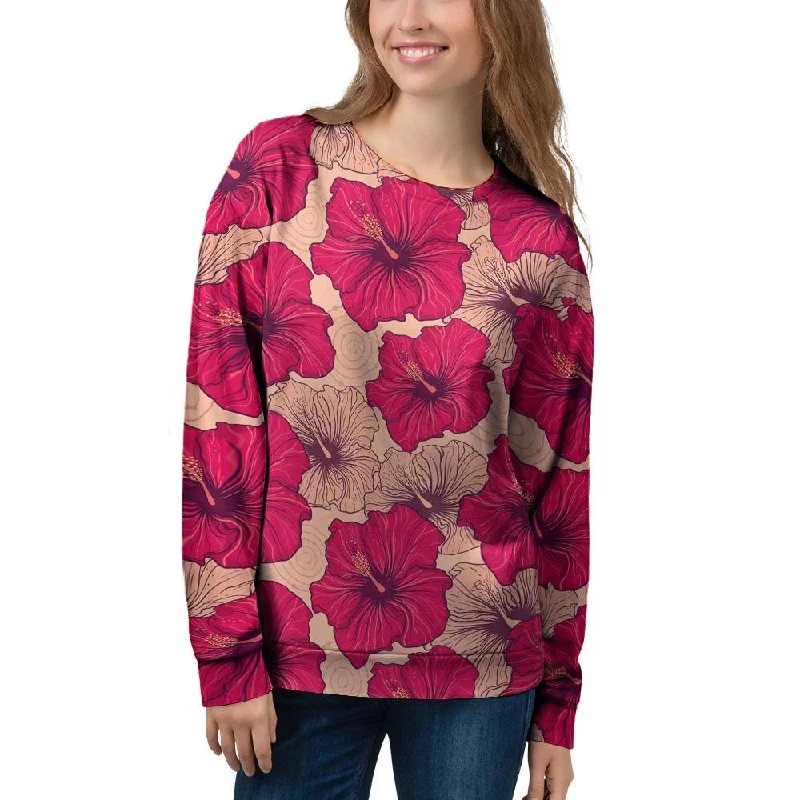 Red Hibiscus Flower Print Women's Sweatshirt Hoodie with Raglan Sleeves Sporty Comfortable Red Hibiscus Flower Print Women's Sweatshirt Hoodie with Raglan Sleeves Sporty Comfortable